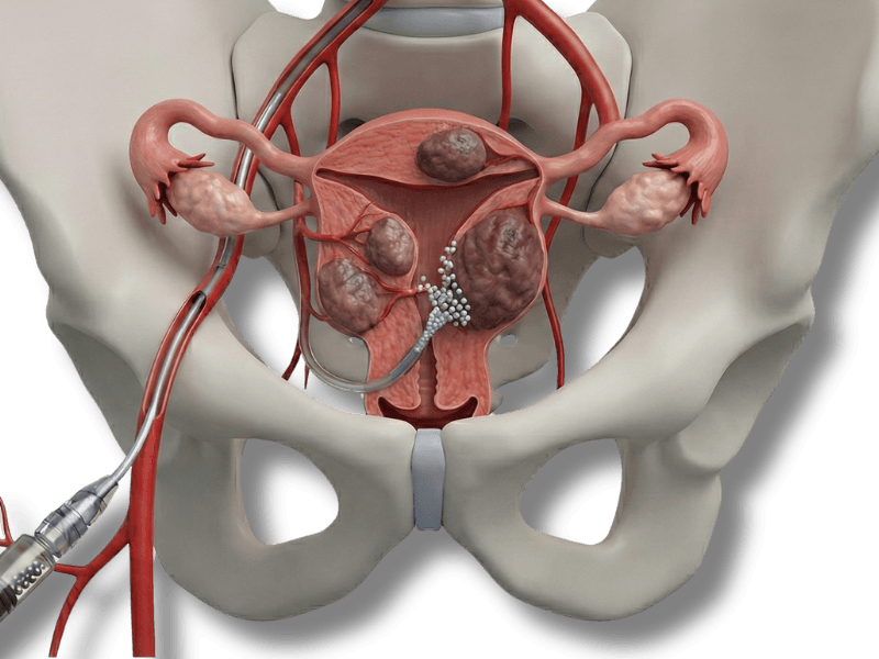Ilustração do procedimento de embolização de miomas uterinos
